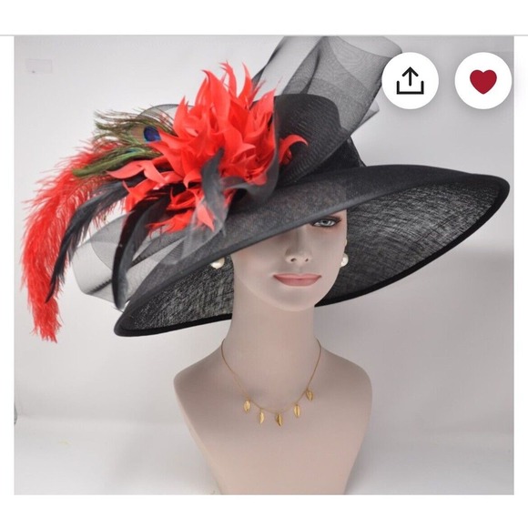 Black red feathers Flowers Kentucky Derby Tea Party Wide Brim Hat Handmade - Picture 8 of 10